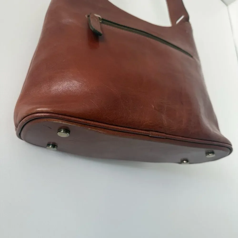 Vintage Oroton Red Brown Leather Shoulder Hobo Bag Australia Logo Plaque 90s VTG